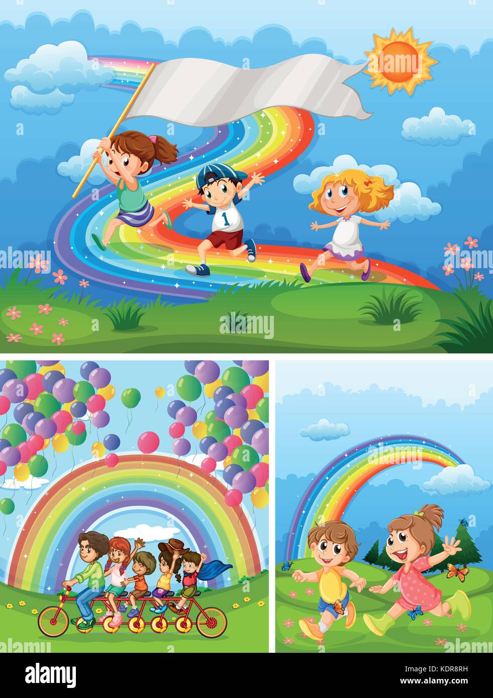 Happy people in park with rainbow in background illustration Stock Vector