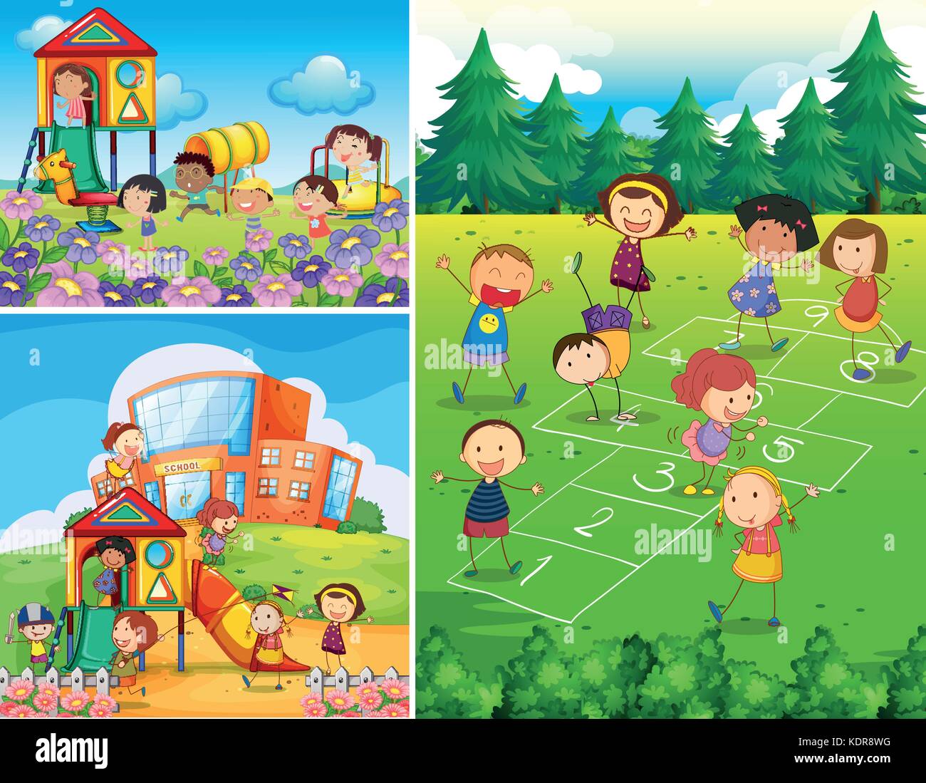 Happy Kids Playing In Playground Illustration Stock Vector Art
