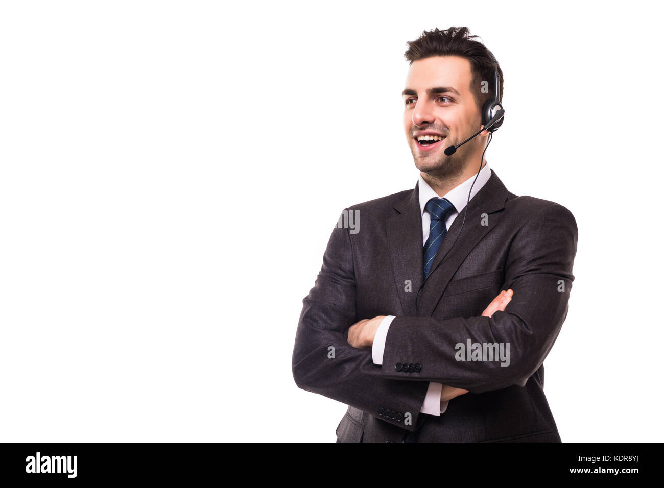 Customer support operator with a headset on white background Stock ...