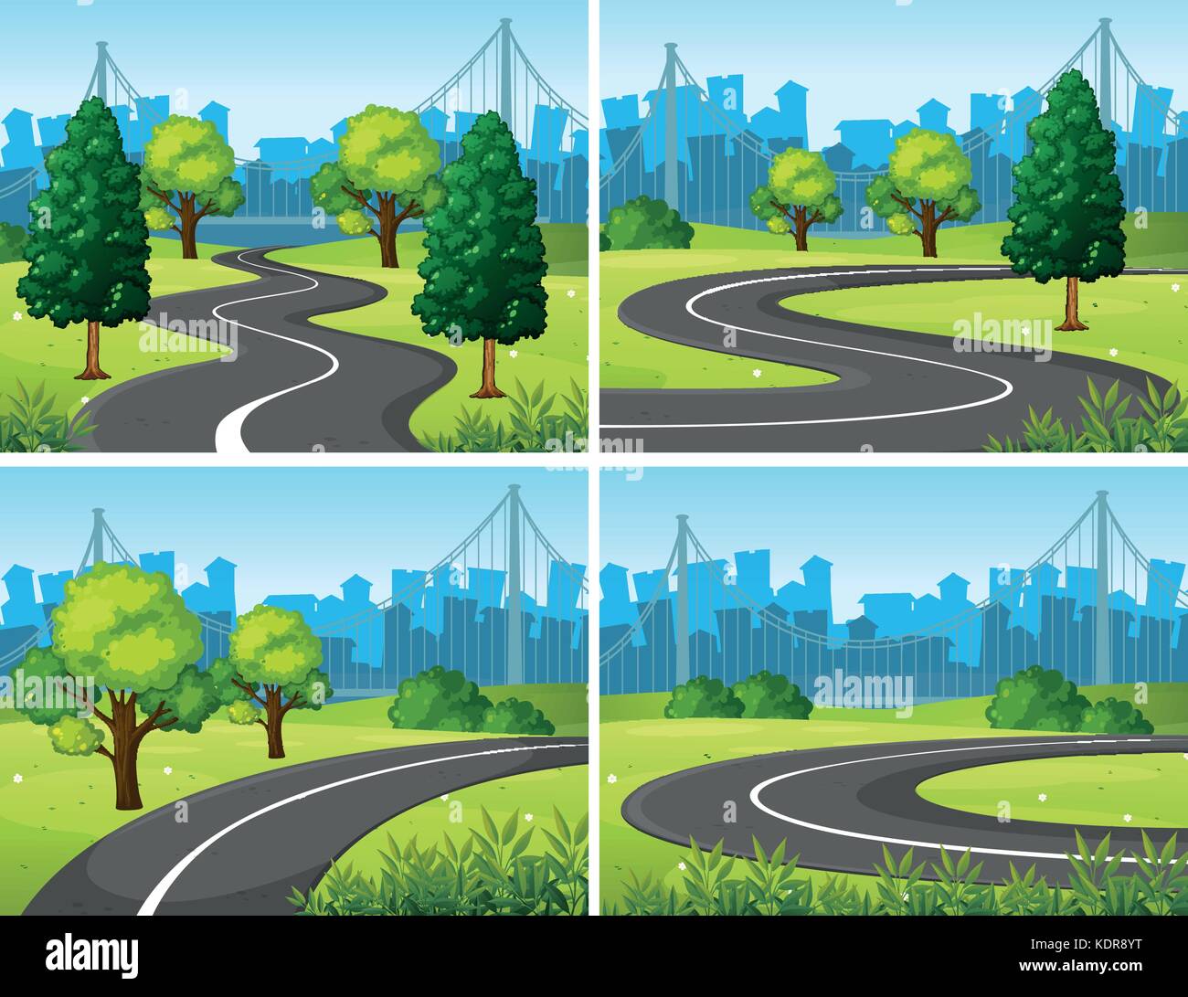 Four scenes of city park and roads illustration Stock Vector Image ...