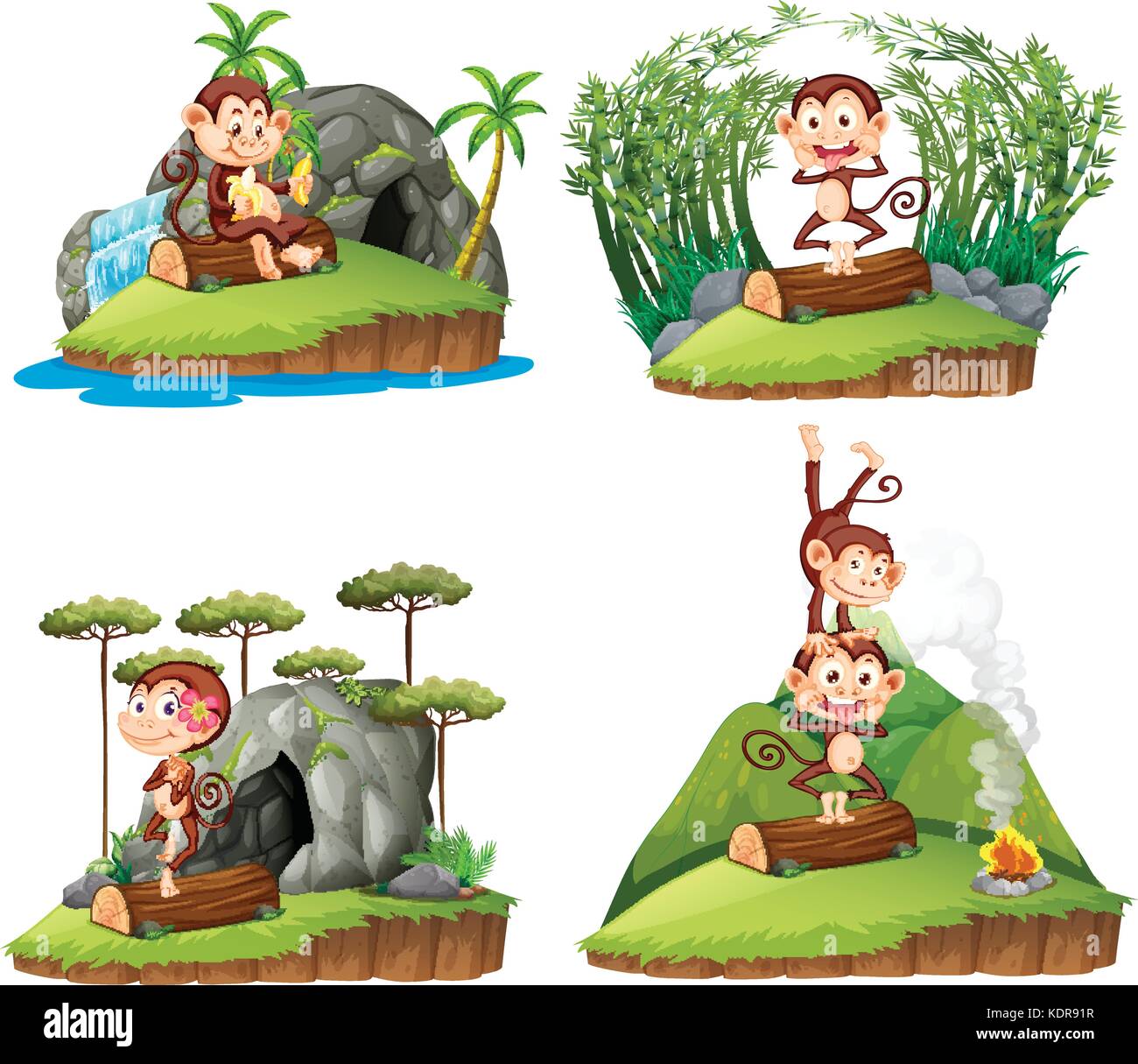 Four scenes with monkey in forest illustration Stock Vector Image & Art ...