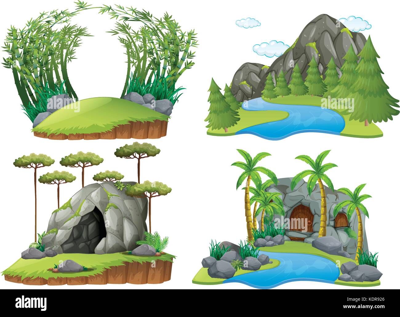 Four scenes with mountains and trees illustration Stock Vector Image ...