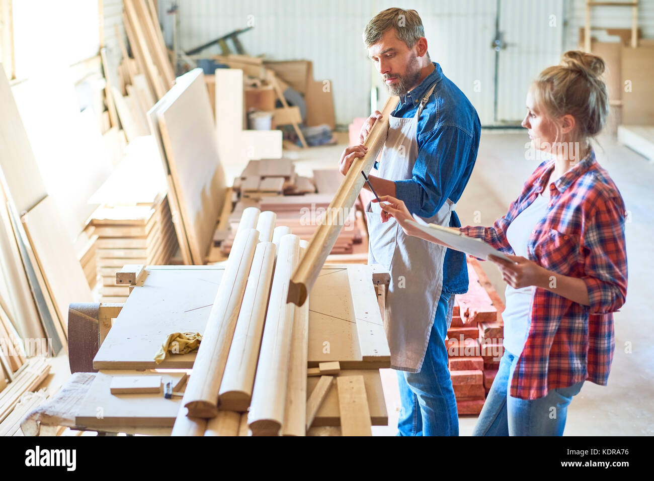 Modern Carpenters Choosing Wood Stock Photo Alamy