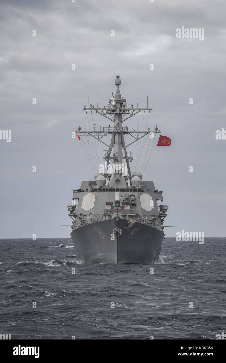 The U.S. Navy Arleigh Burke-class guided-missile destroyer USS Winston S. Churchill steams underway during exercise Joint Warrior October 9, 2017 in the Atlantic Ocean. Stock Photo