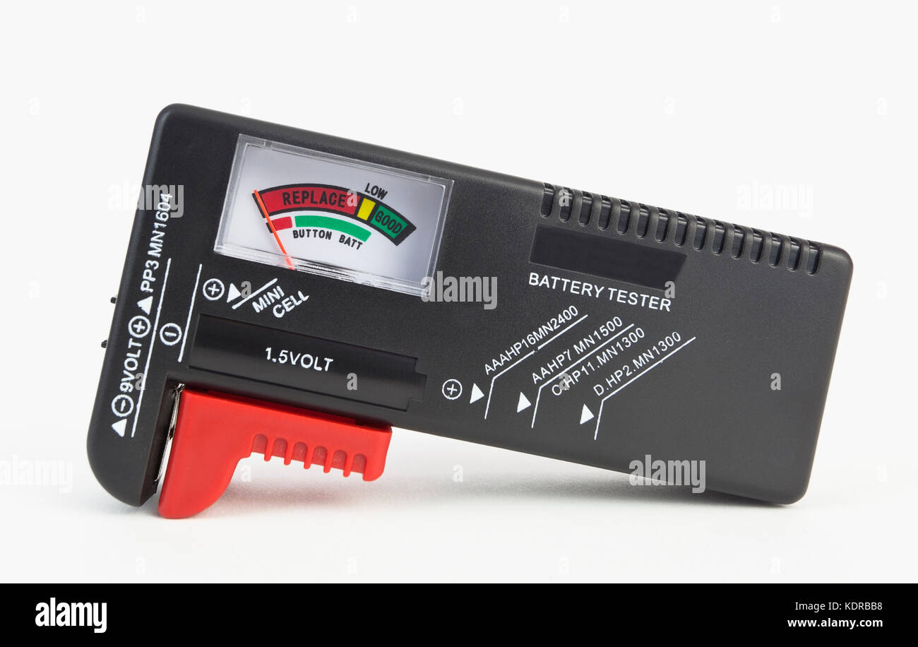Simple, inexpensive portable battery tester. Isolated Stock Photo Alamy