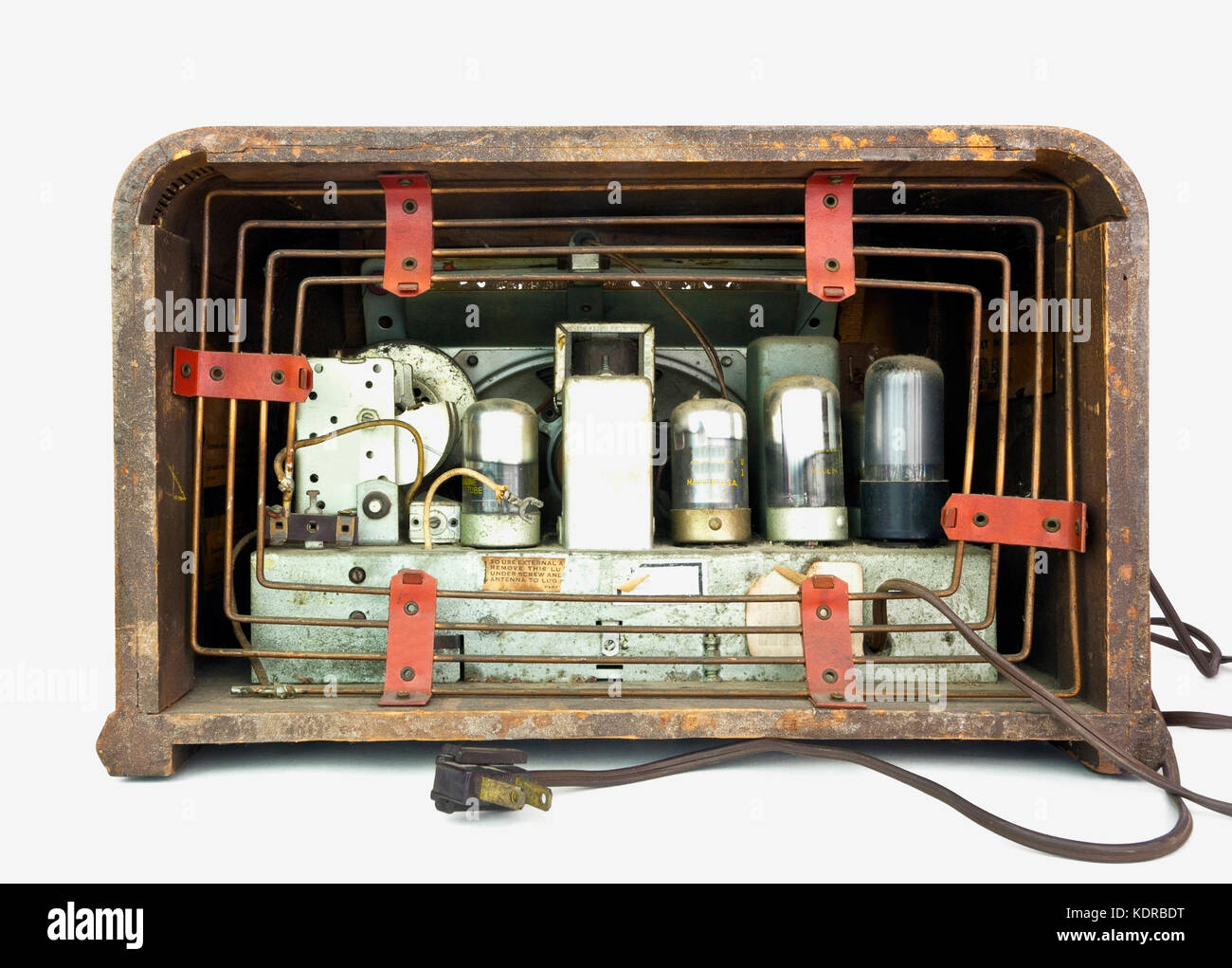 Rear view of antique vacuum tube radio in wood case. Isolated. Stock Photo