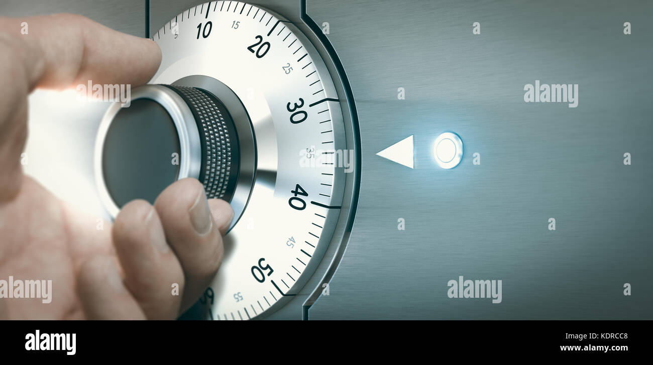 Close up of a hand unlocking a safe deposit box by turning a knob with numbers. Composite image between a hand photography and a 3D background. Stock Photo