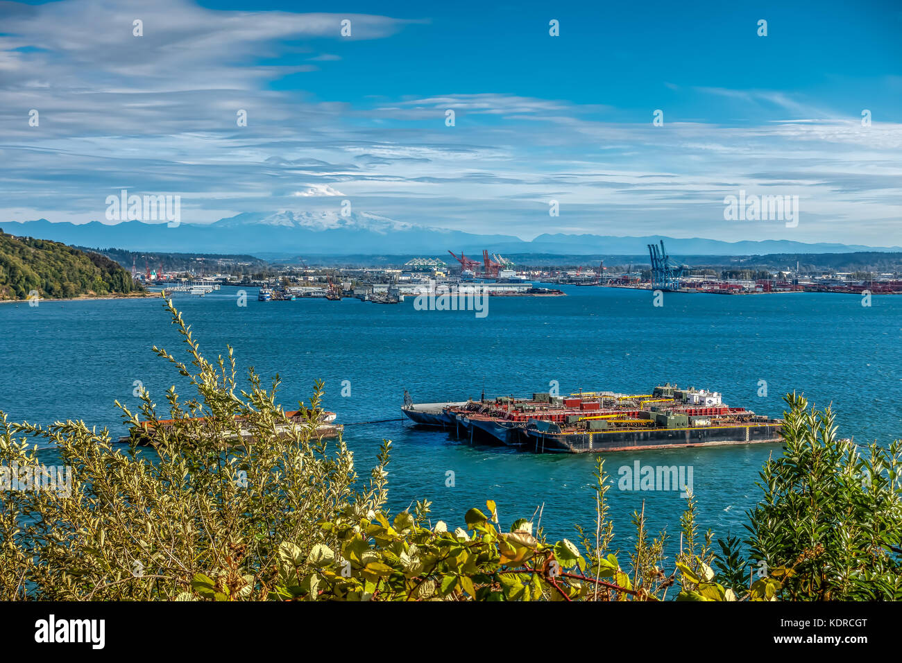 HDR verions of Mount Rainier and the Port of Tacoma Stock Photo - Alamy