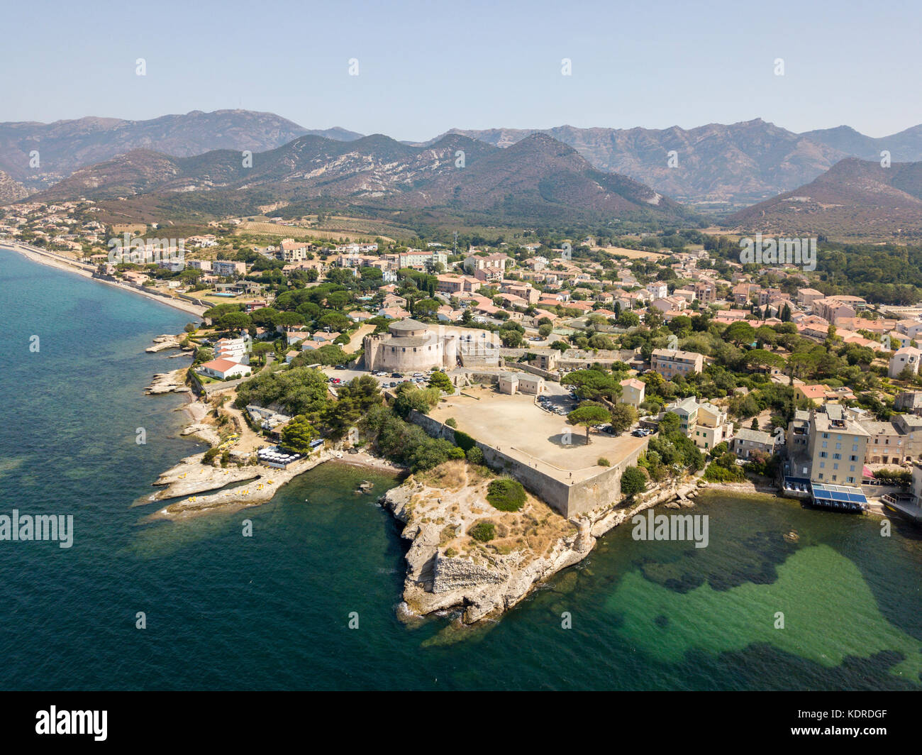Aerial view of the village of Saint Florent, Corsica. France. Harbor boats and houses Stock Photo