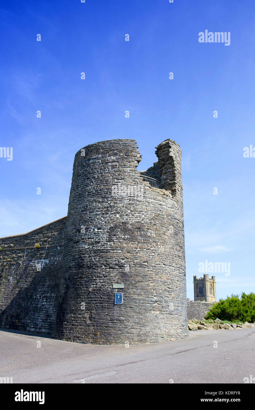 Castle ruins South Tower with St Michael's Church in Aberystwyth Ceredigion Wales UK Stock Photo