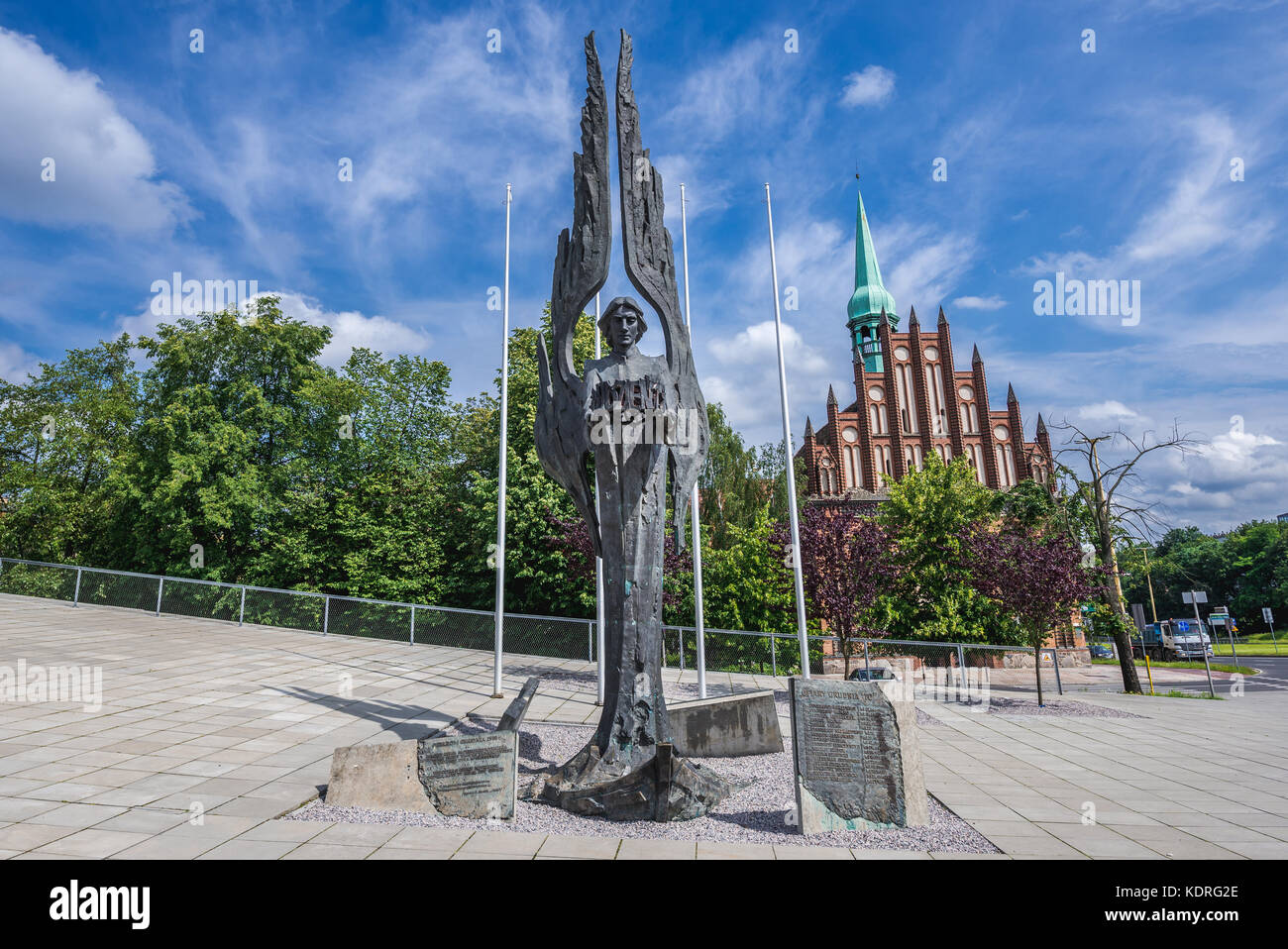 The Angel of Freedom sculpture at Solidarity Square - tribute to the 16 young people killed during a protest in 1970 in Szczecin, Poland. Saints Peter Stock Photo