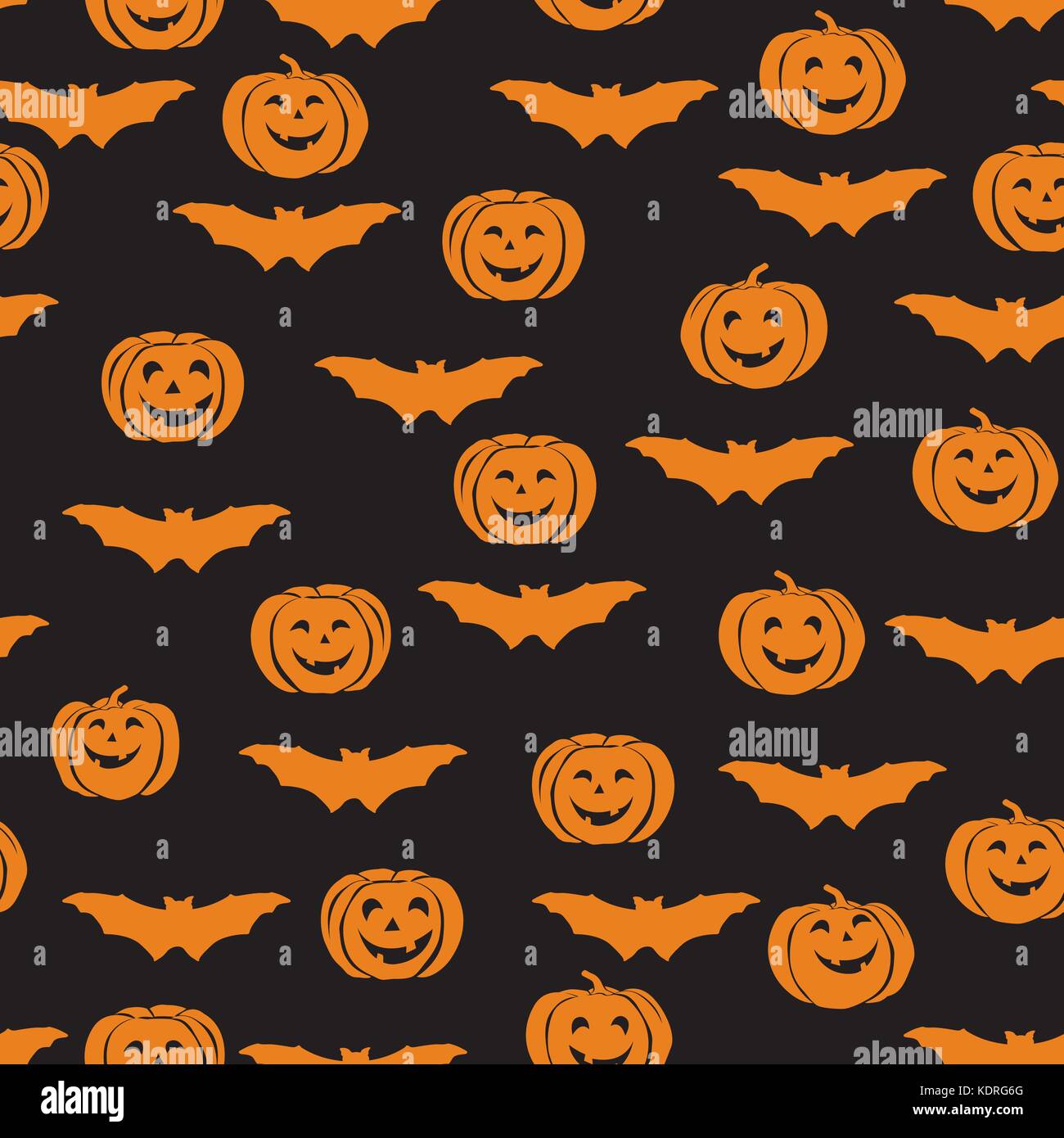 Happy Halloween seamless pattern. Holiday ornamental background with bat, pumpkin Stock Vector