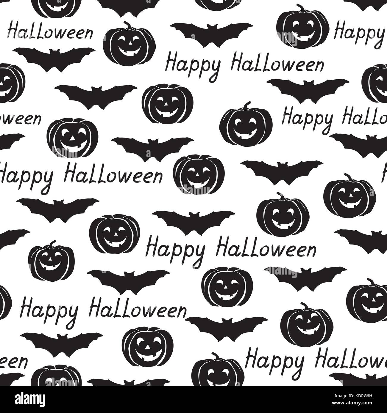 Happy Halloween seamless pattern. Holiday background with bat, pumpkin, lettering Stock Vector