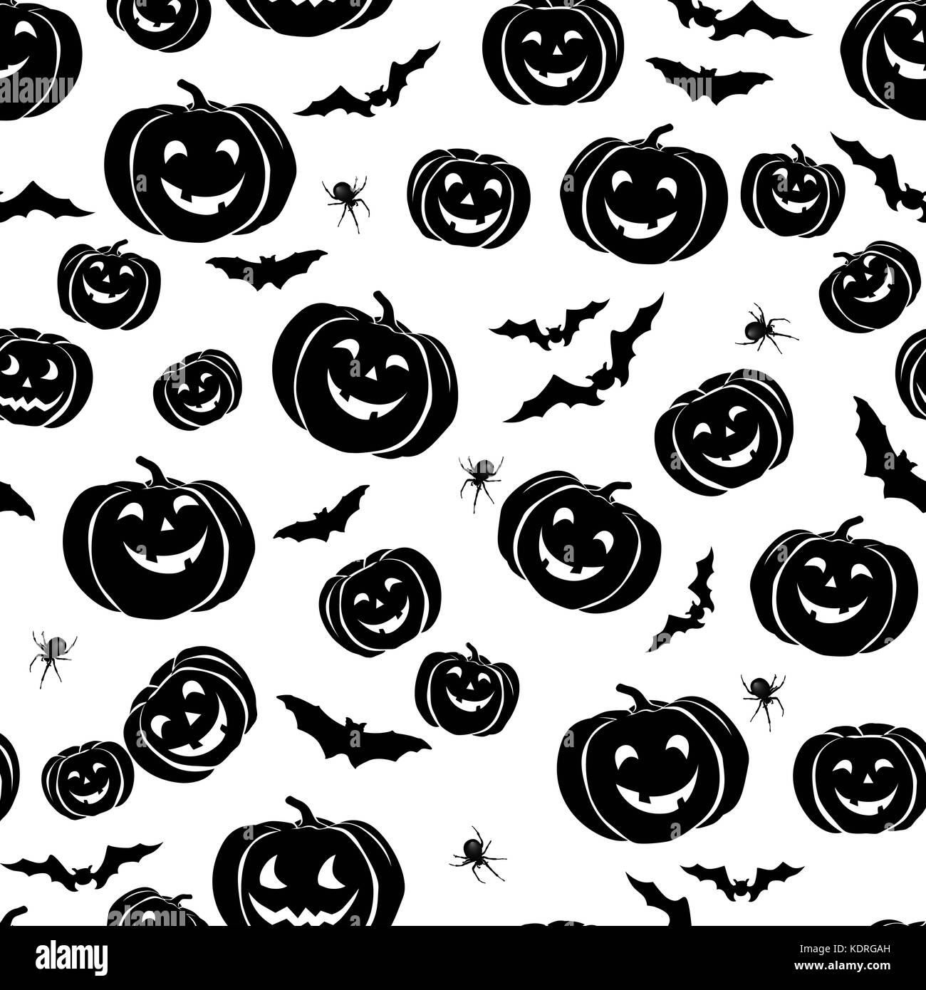 Happy Halloween seamless pattern. Holiday party background with bat, pumpkin, spider Stock Vector