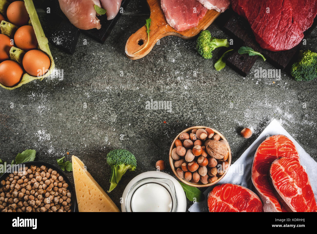 Healthy food background. Selection of protein sources beef and pork