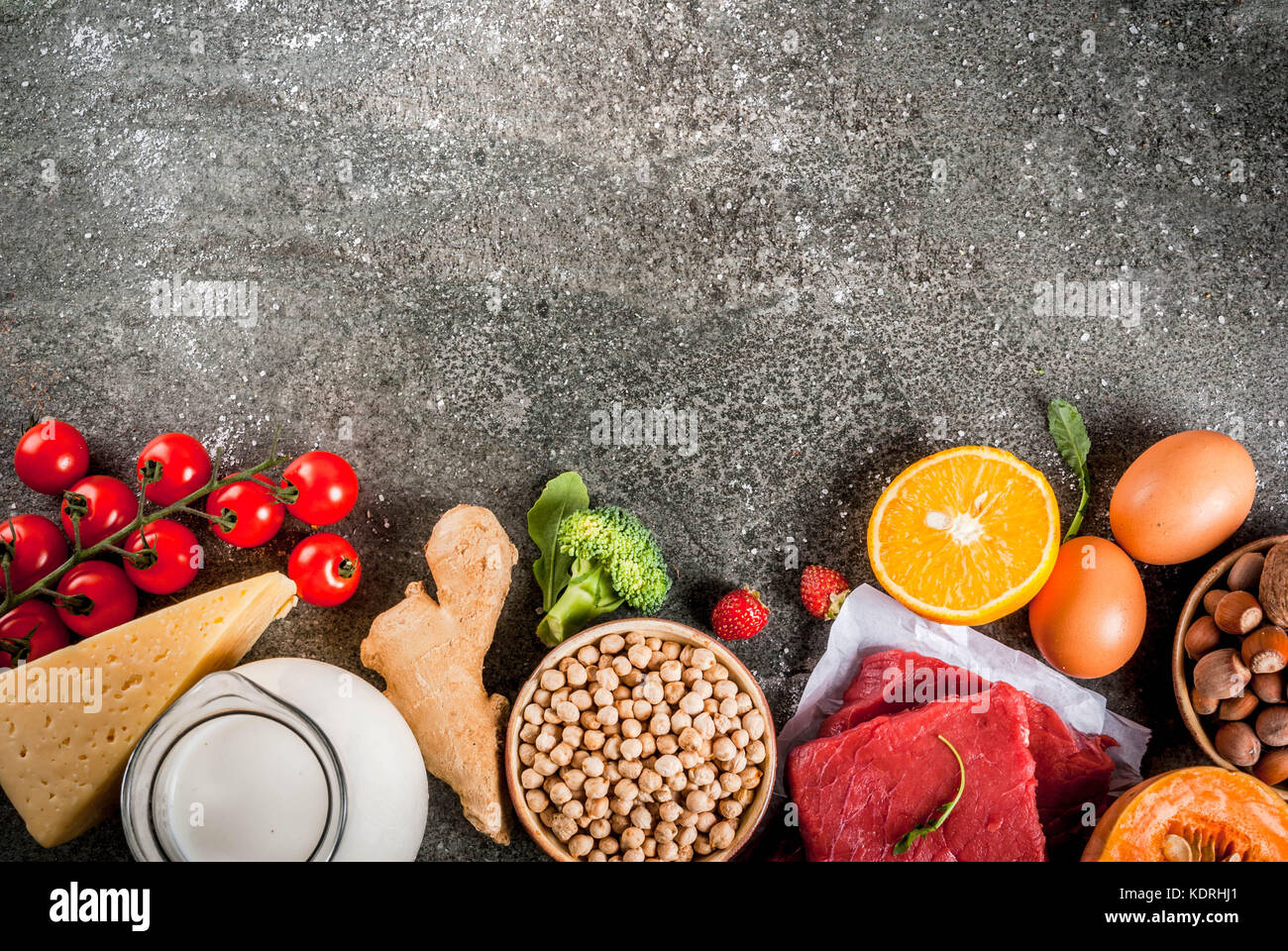 Healthy diet background. Organic food ingredients, superfoods: beef and