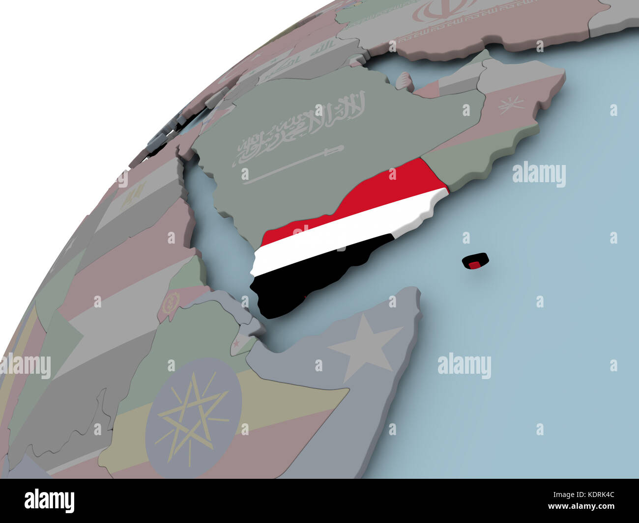 Yemen on political globe with embedded flags. 3D illustration Stock ...
