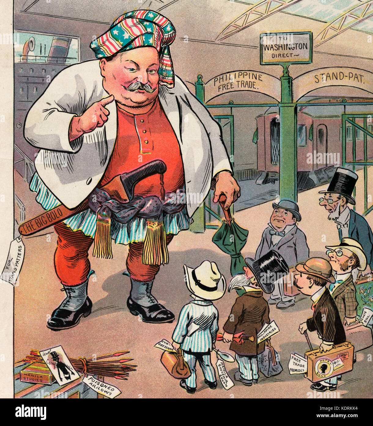 Back from Bololand - Illustration shows a large William H. Taft wearing a stars and stripes turban, with a large knife labeled 'The Big Bolo' stuck in his belt, a notice attached stating 'For Stand Patters'; he is speaking to a group of diminutive figures labeled variously 'Congressman' with a 'Manila Souvenir Spoon', 'Philippine Industries, Free Trade Promises, [and] Senate Bill'. In the background, on the left is the boarding ramp to a ship, on the right, are two entrances to a railroad station platform labeled 'To Washington Direct', one entrance is labeled 'Philippine Free Trade' and the o Stock Photo