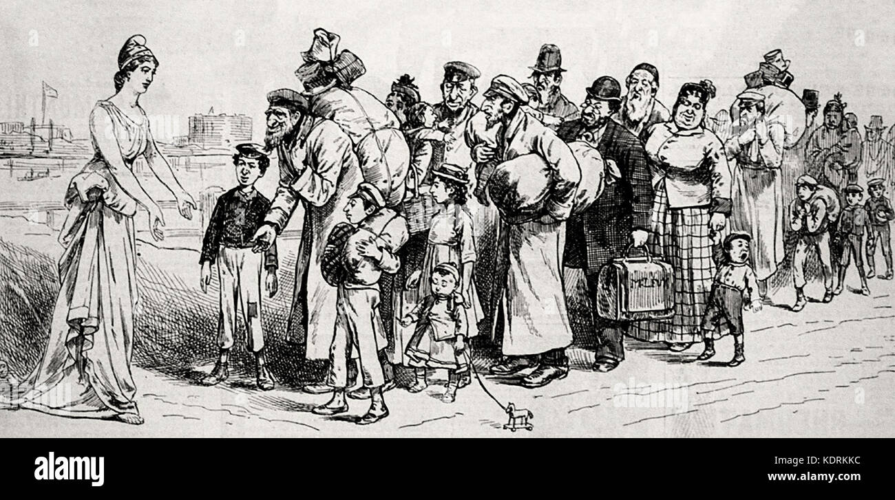 Columbia welcomes the victims of German persecution to 'the asylum of the oppressed' [female personification of Columbia welcoming German Jewish immigrants] 1881 Stock Photo