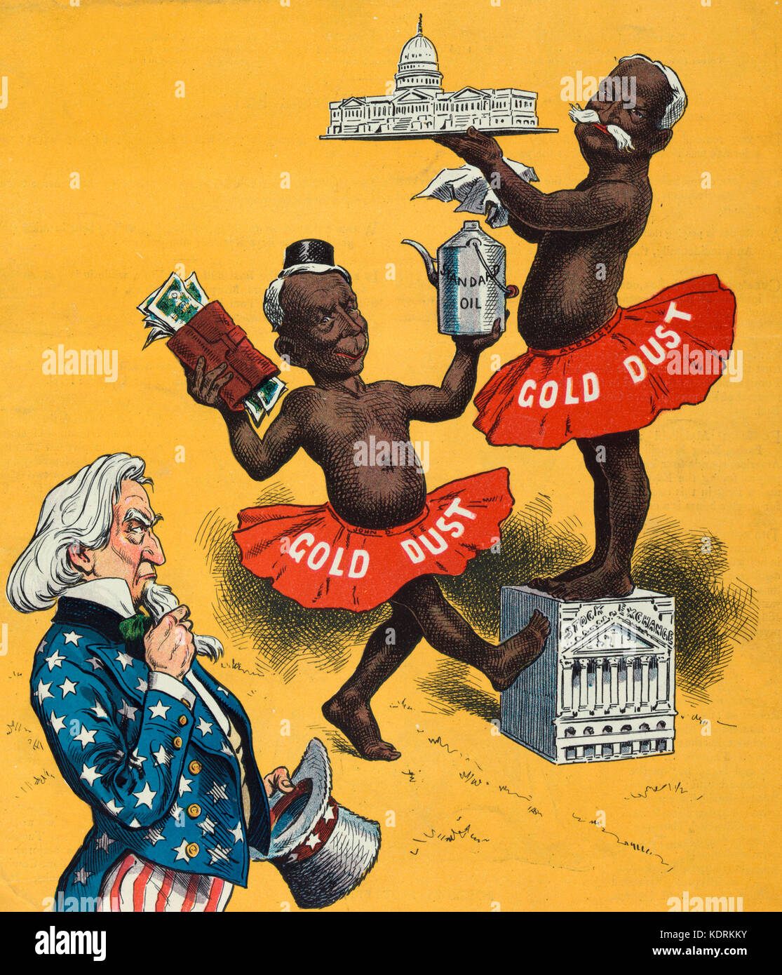 'Let the gold dust twins do your work' -  Illustration shows Nelson Aldrich and John D. Rockefeller as dark-skinned men wearing skirts labeled 'Gold Dust'; Aldrich is standing on top of a replica of a building labeled 'Stock Exchange' and holding up a replica of the U.S. Capitol building, Rockefeller is standing on the ground next to him, holding up an oil can labeled 'Standard Oil' and a wallet stuffed with money. Uncle Sam is standing to the left, in the foreground, stroking his beard, with a concerned look on his face. Political Cartoon, 1905 Stock Photo