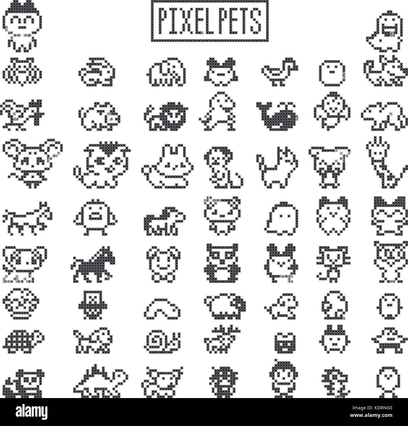 Collection of pixel animals like vintage personal game. Vector pets zoo set. Stock Vector