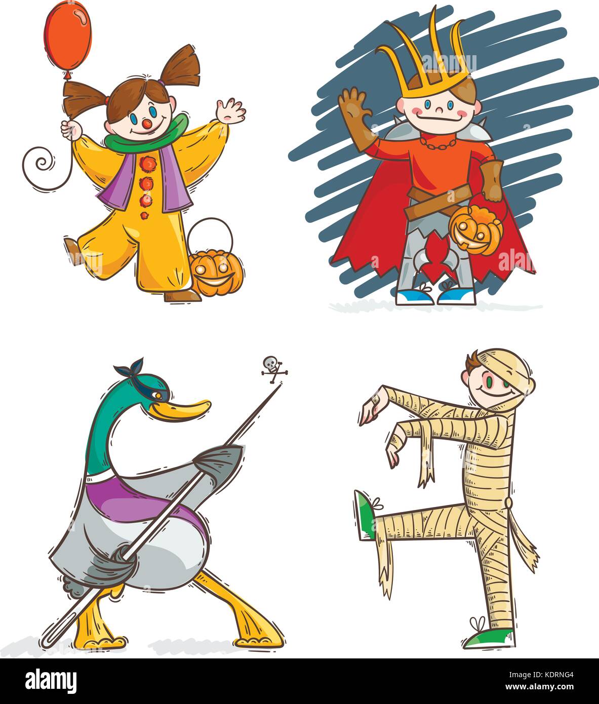 Set of kids in costumes for Halloween. Lich or russian King Koschey, Mummy, Clown, Goose. Vector illustration Stock Vector