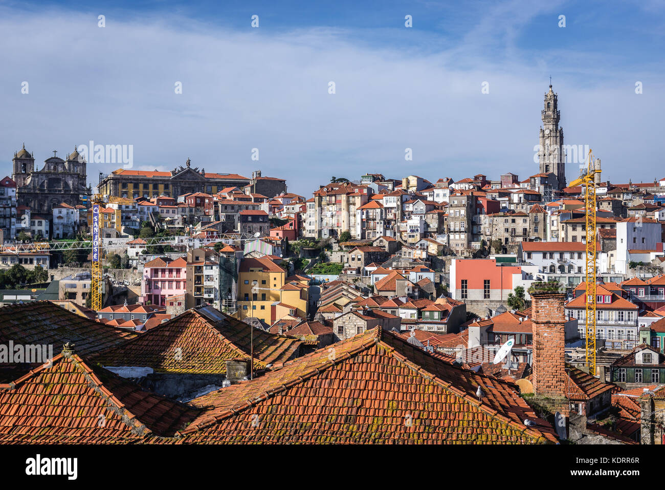 Aerial view in Porto city, Portugal. View with bell tower of Clerigos Tower Stock Photo