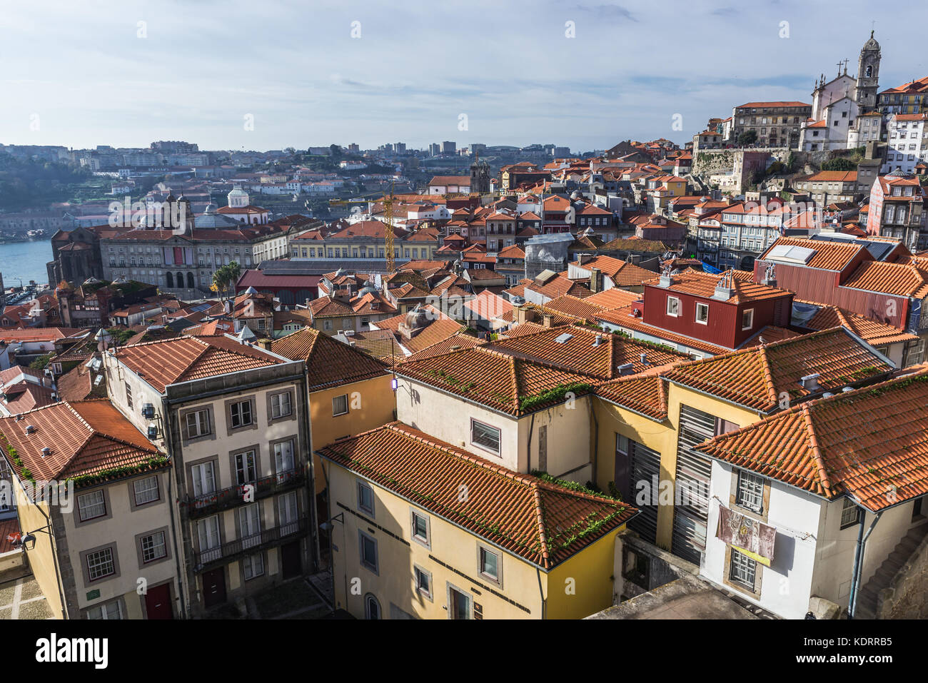 Aerial view in Porto city on Iberian Peninsula, second largest city in Portugal. Bolsa Palace on left side Stock Photo