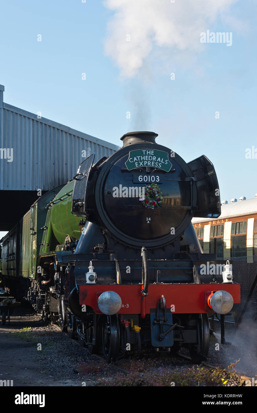 Flying Scotsman at Bishops Lydeard station on the West Somerset Railway (WSR) in Somerset in May 2017 during her visit pulling the Cathedral Express Stock Photo