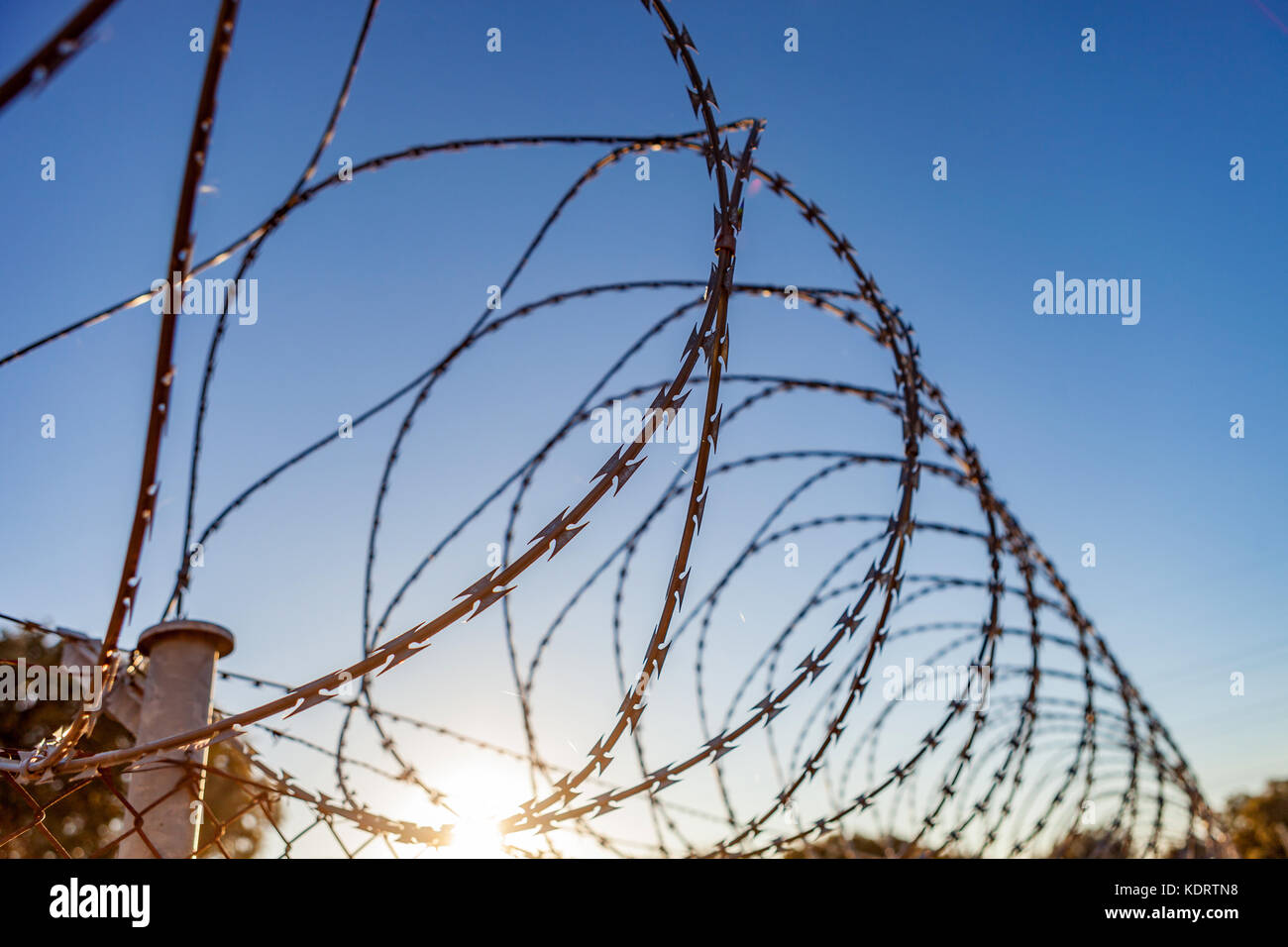 Fence with a barbed wire under a blue sky Stock Photo - Alamy