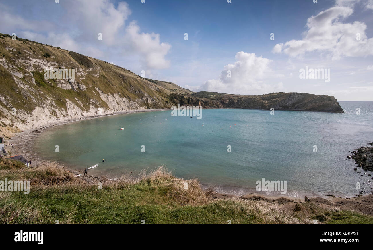 A wide angle view of Lulworth Cove on the Jurassic Coast in Dorset, England, UK Stock Photo