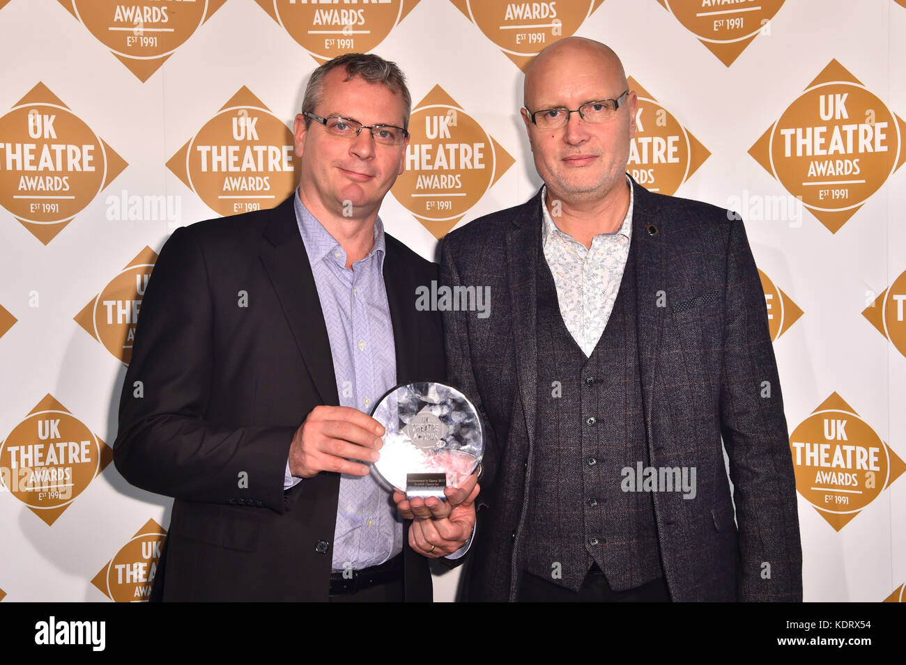 Stuart Stratford and Alex Reedijk of Scottish Opera with the Achievement in  Opera award, at the UK Theatre Awards at Guildhall, London. PRESS  ASSOCIATION Photo. Picture date: Sunday October 15th, 2017. Photo