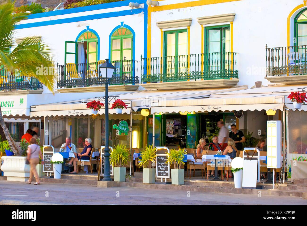 Restaurants in Puerto de Mogan, Gran Canaria, Canary Islands, Spain, Atlantic Ocean, Europe Stock Photo