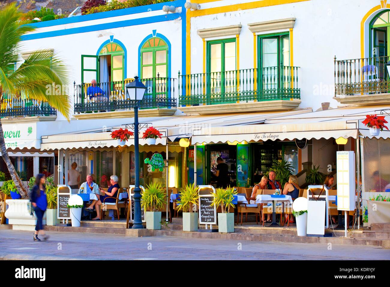 Restaurants in Puerto de Mogan, Gran Canaria, Canary Islands, Spain, Atlantic Ocean, Europe Stock Photo