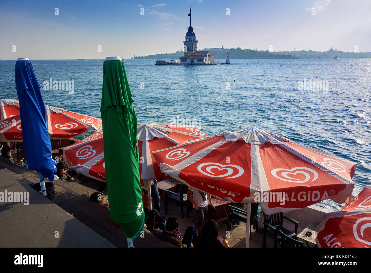 View of the Maiden's tower, with Istanbul at the background seen from Uskudar, at the southern entrance of the Bosporus. Istanbul. Turkey. Stock Photo