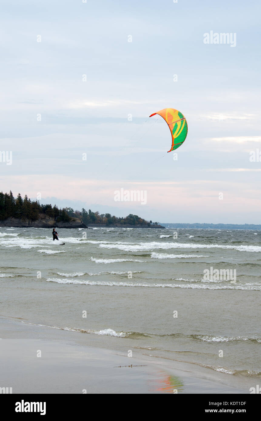 Kite surfing on a windy bay of Lake Champlain Stock Photo
