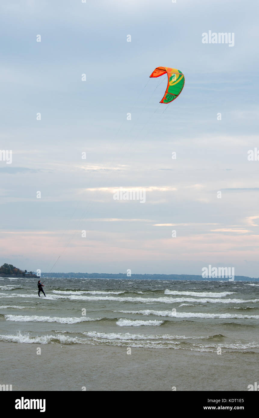 Kite surfing on a windy bay of Lake Champlain Stock Photo