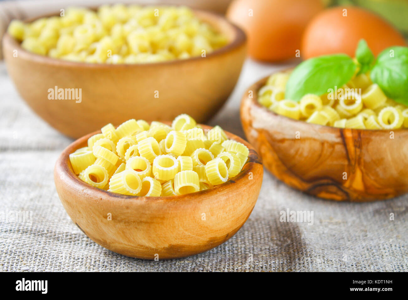 Ditalini macaroni. Pasta rings. Tubettini and thimbles. Anellini Stock