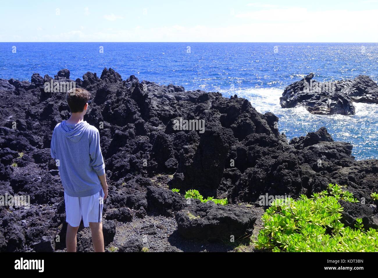 Young man gazes at waves crashing into lava rocks at Waianapanapa State Park, off the Hana Highway, Maui, Hawaii Stock Photo
