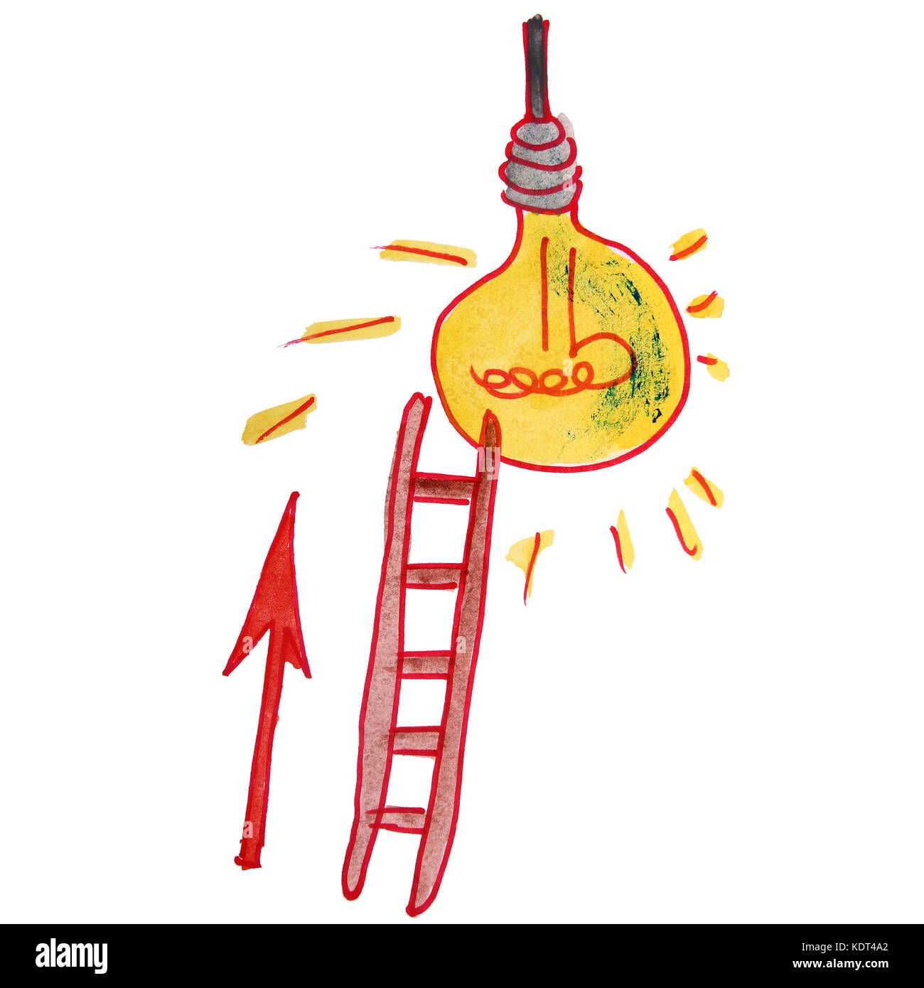 drawing children watercolor staircase, cartoon light bulb on a w Stock Photo