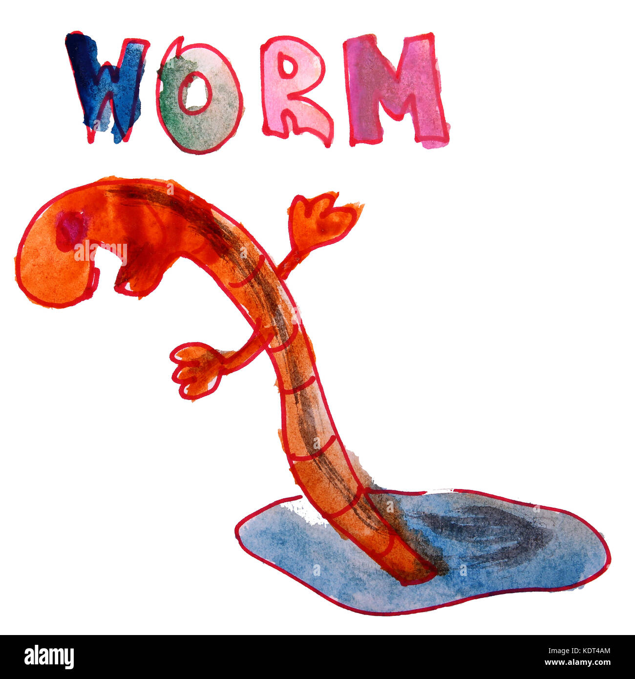 drawing children watercolor worm cartoon earth on a white backgr Stock Photo