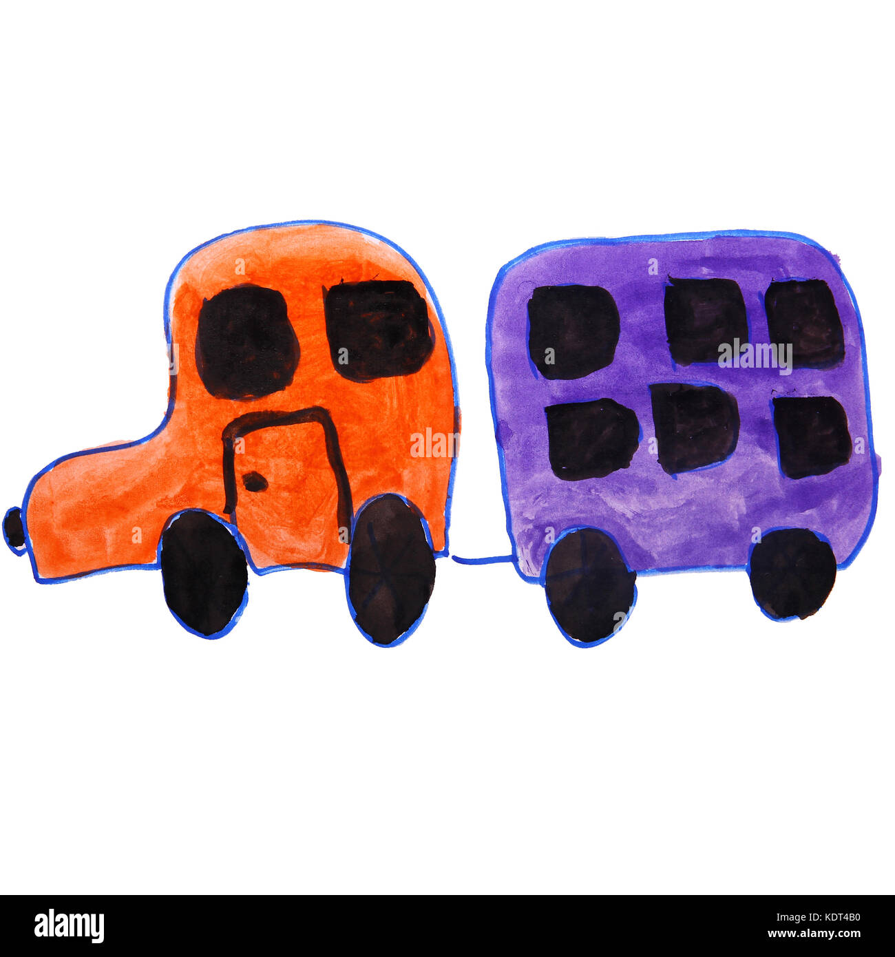 drawing kids watercolor car, trailer cartoon on a white backgrou Stock Photo