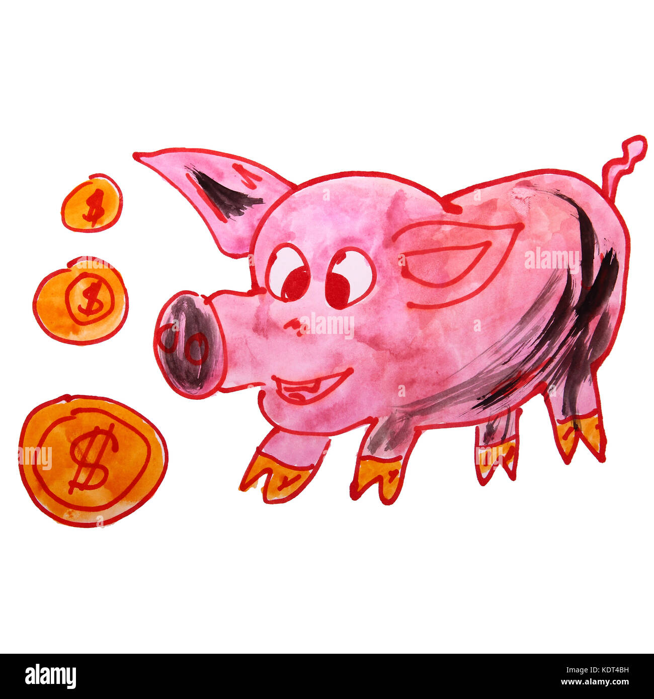 watercolor drawing a children cartoon piggy bank on a white back Stock Photo