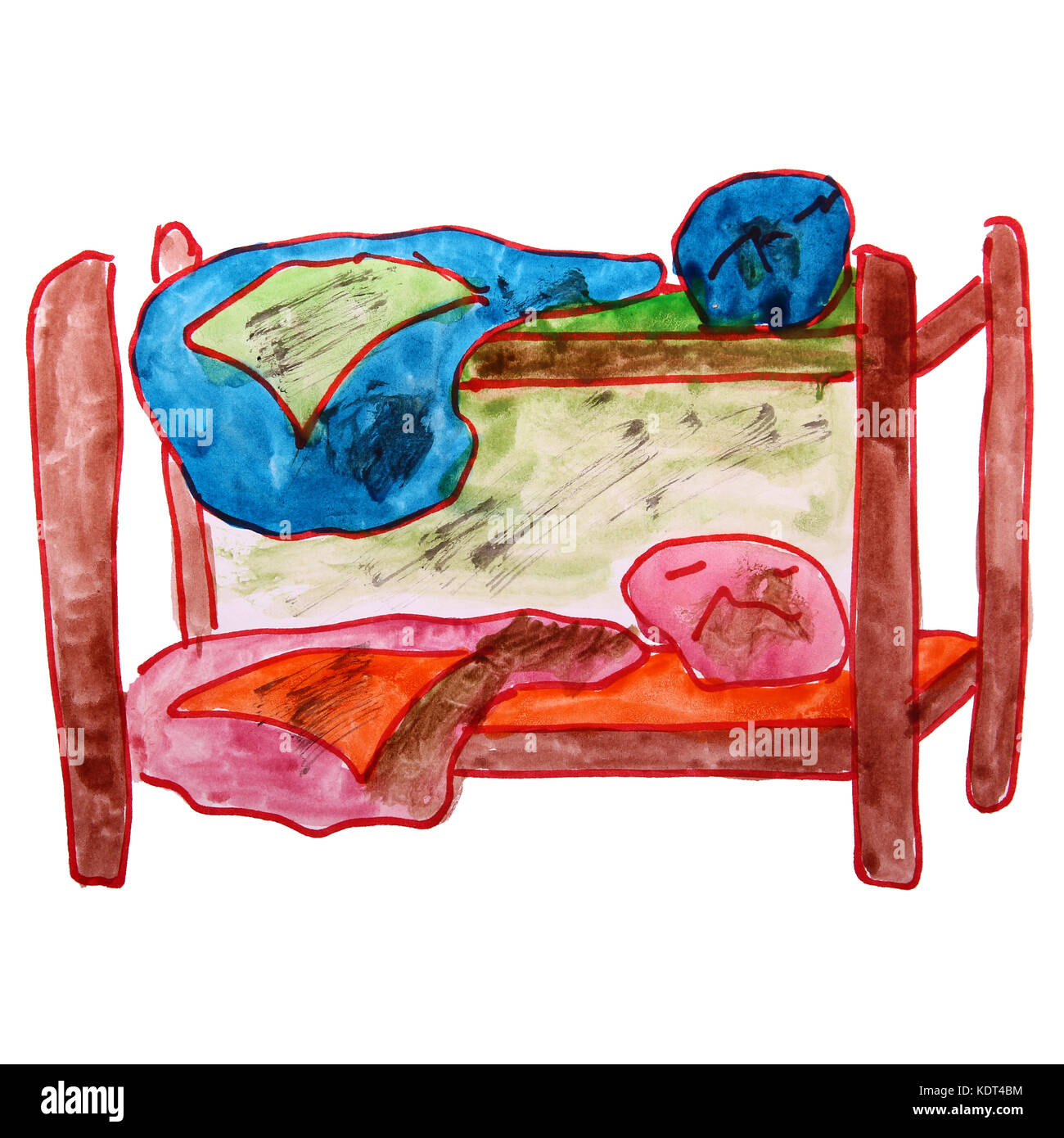 watercolor drawing children bed, bunk cartoon on a white backgro Stock Photo