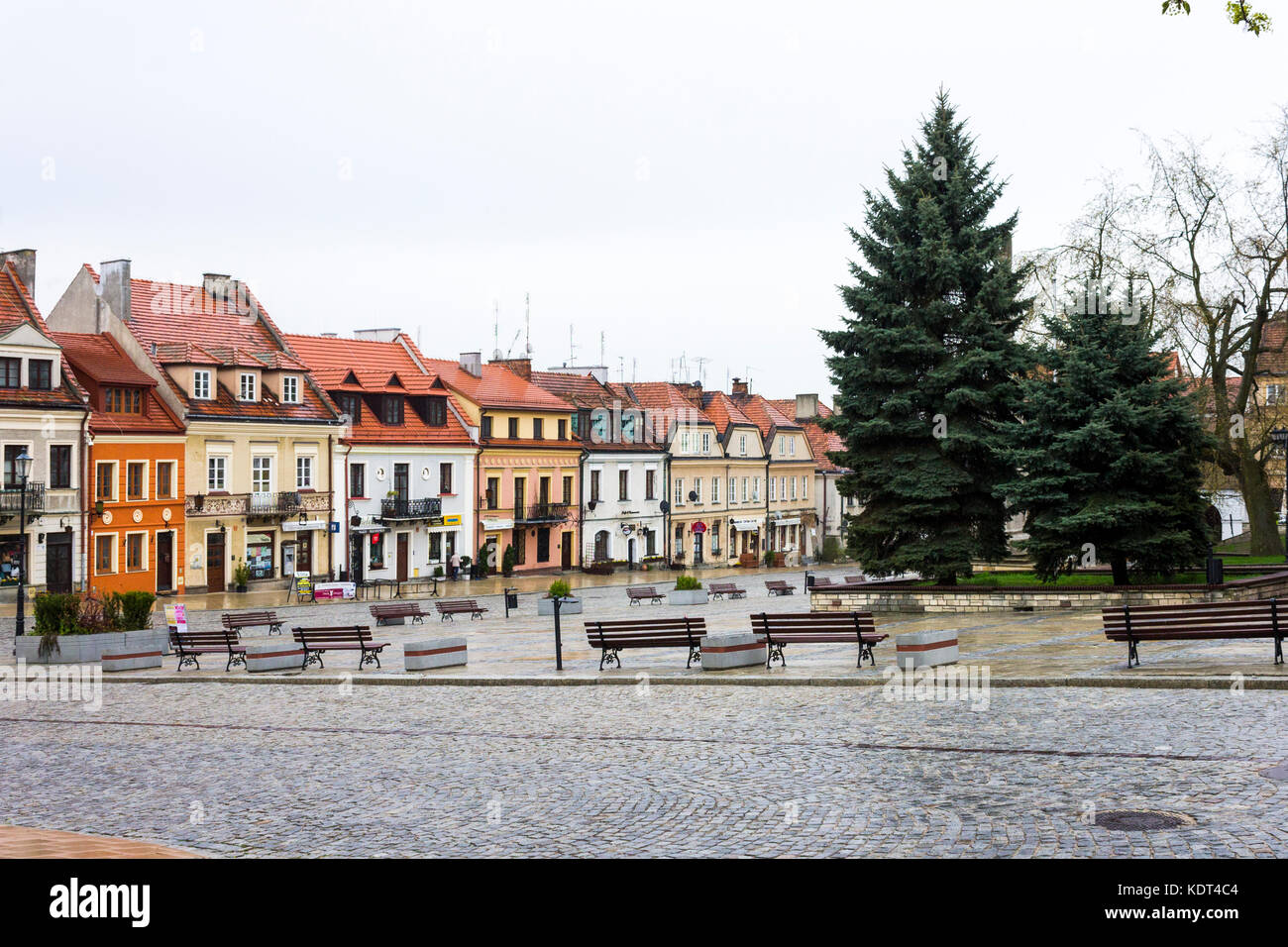 The old Market Place in Sandomierz, Poland, on a cloudy morning Stock Photo