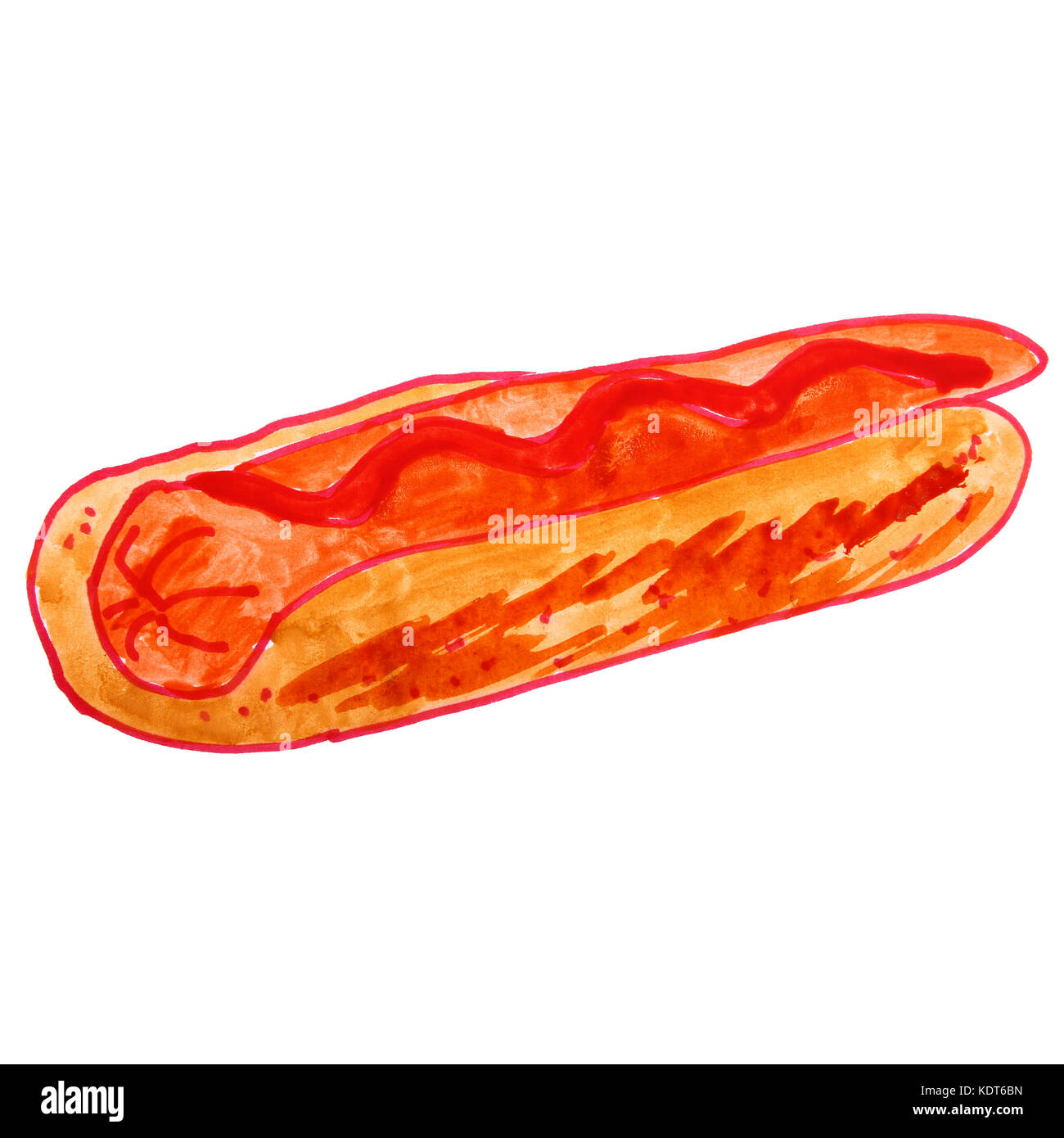 watercolor drawing a children cartoon hot dog on a white backgro Stock Photo