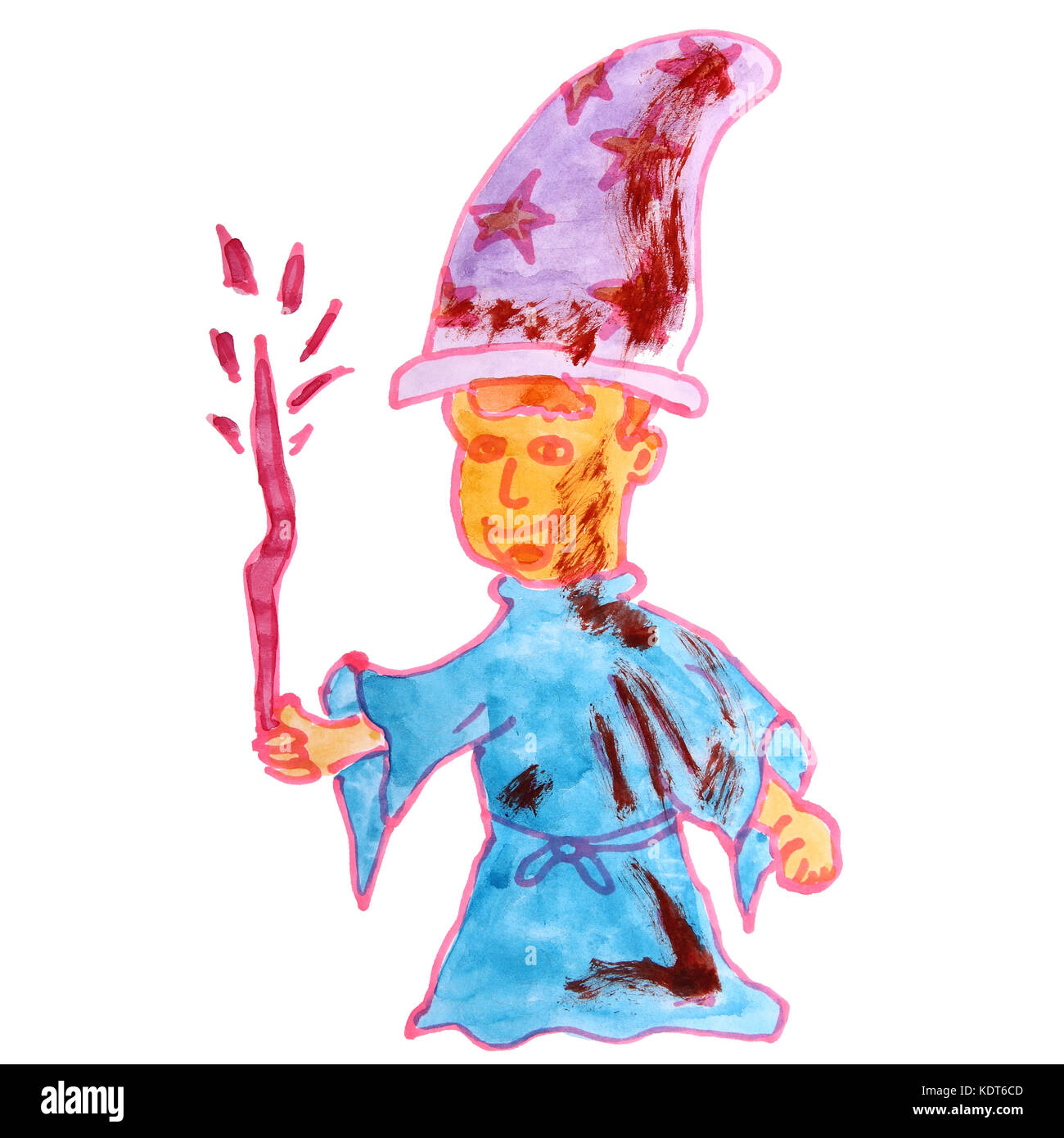 watercolor drawing a children cartoon wizard on a white backgrou Stock Photo