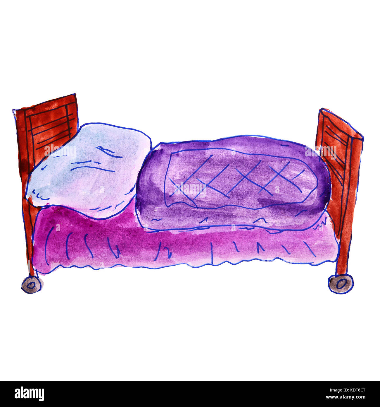 watercolor drawing kids cartoon bed on a white background Stock Photo