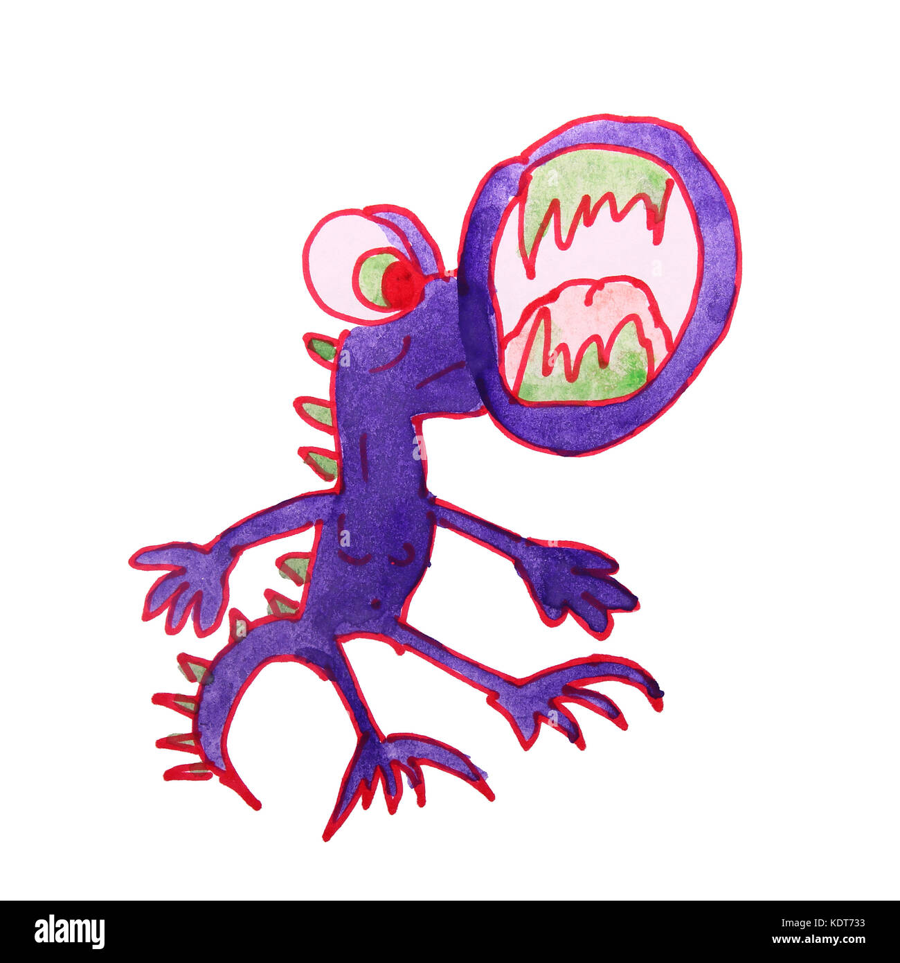 watercolor blue monster with huge teeth and mouth drawing cartoo Stock Photo