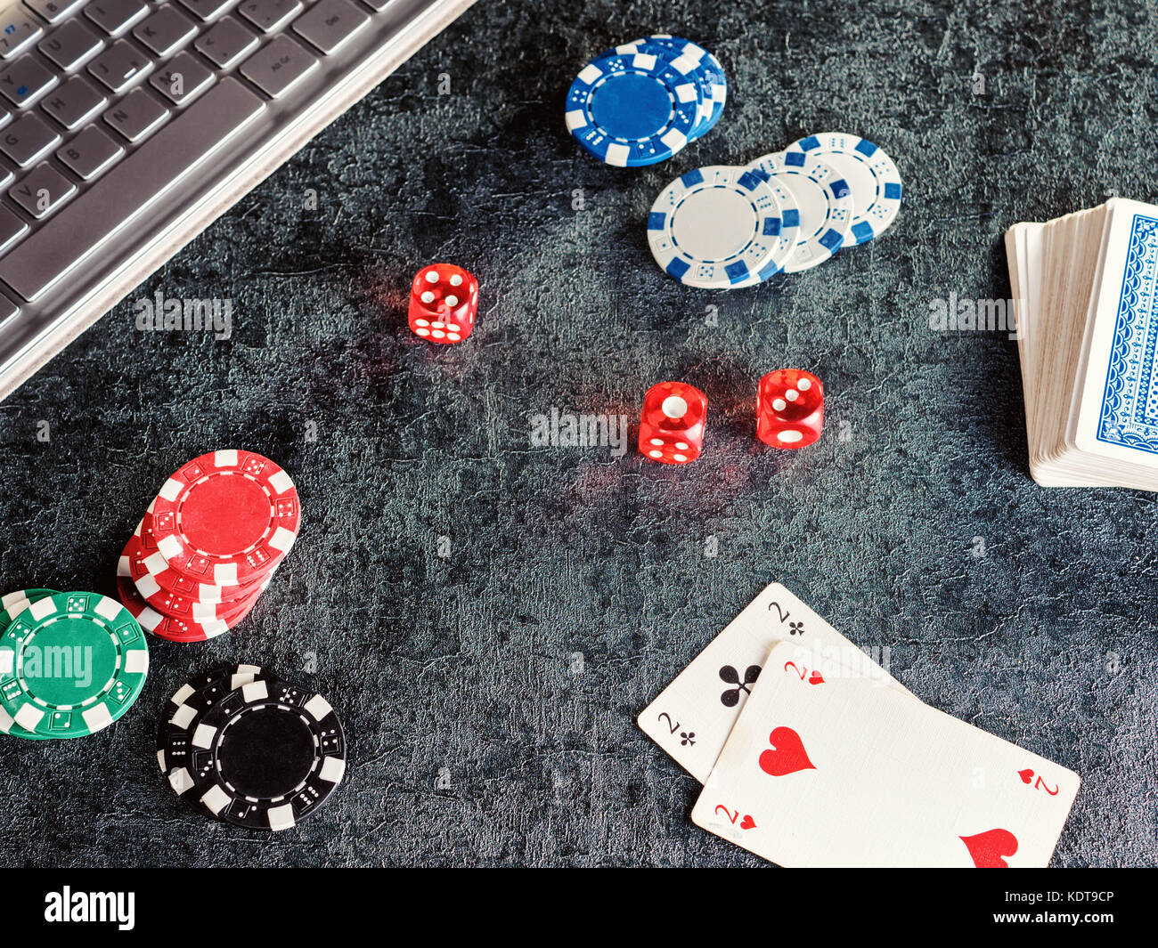 Set of poker chip or counter with card, dice computer. Player open card in table. Gambling game